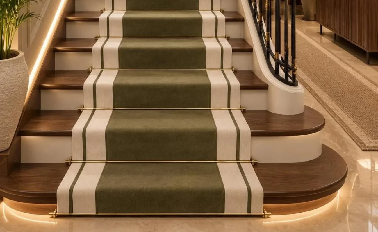 Custom design stair carpet installed on staircase