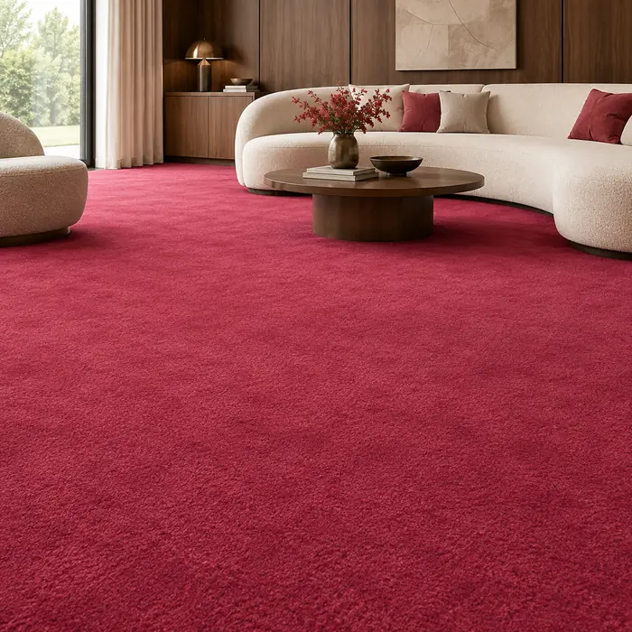 Dark raspberry pink carpet beneath a curved cream sofa in a walnut-panelled living room.