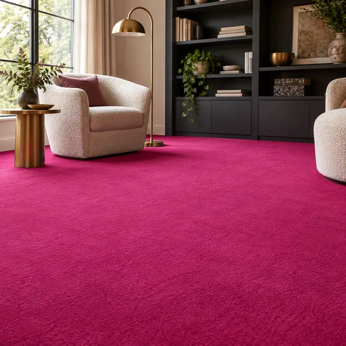 Fuchsia pink carpet in a reading lounge with cream chairs and a brass floor lamp.