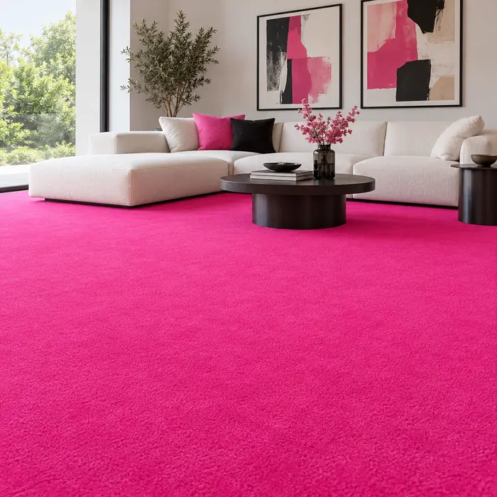 Hot pink carpet in a modern living room with white modular seating and monochrome wall art.