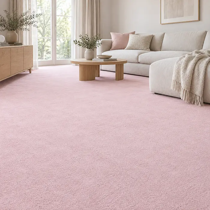 Light pink wall-to-wall carpet in a bright lounge with an ivory sofa and oak furniture.