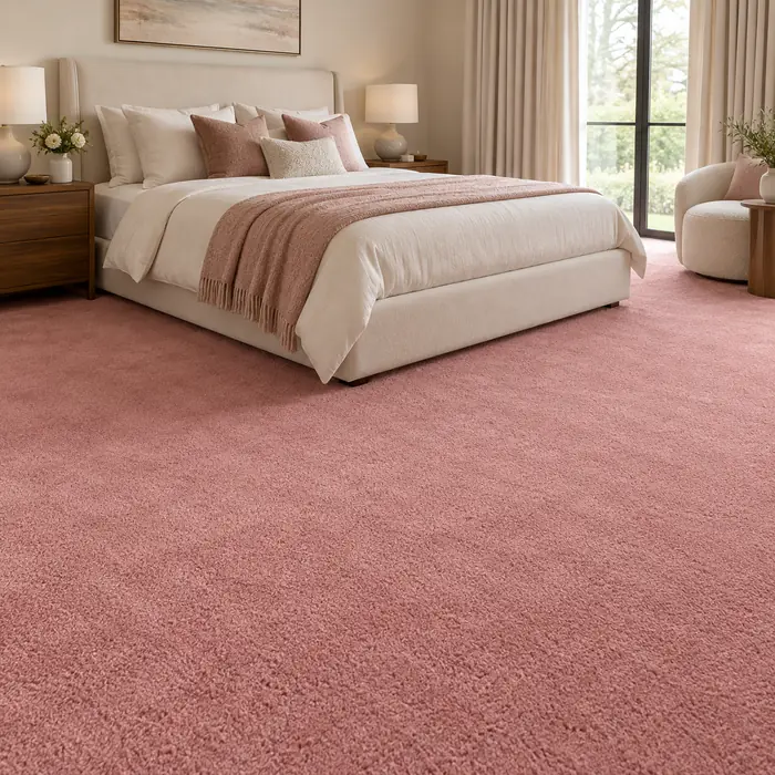 Rose pink carpet around a cream upholstered bed with walnut bedside tables.
