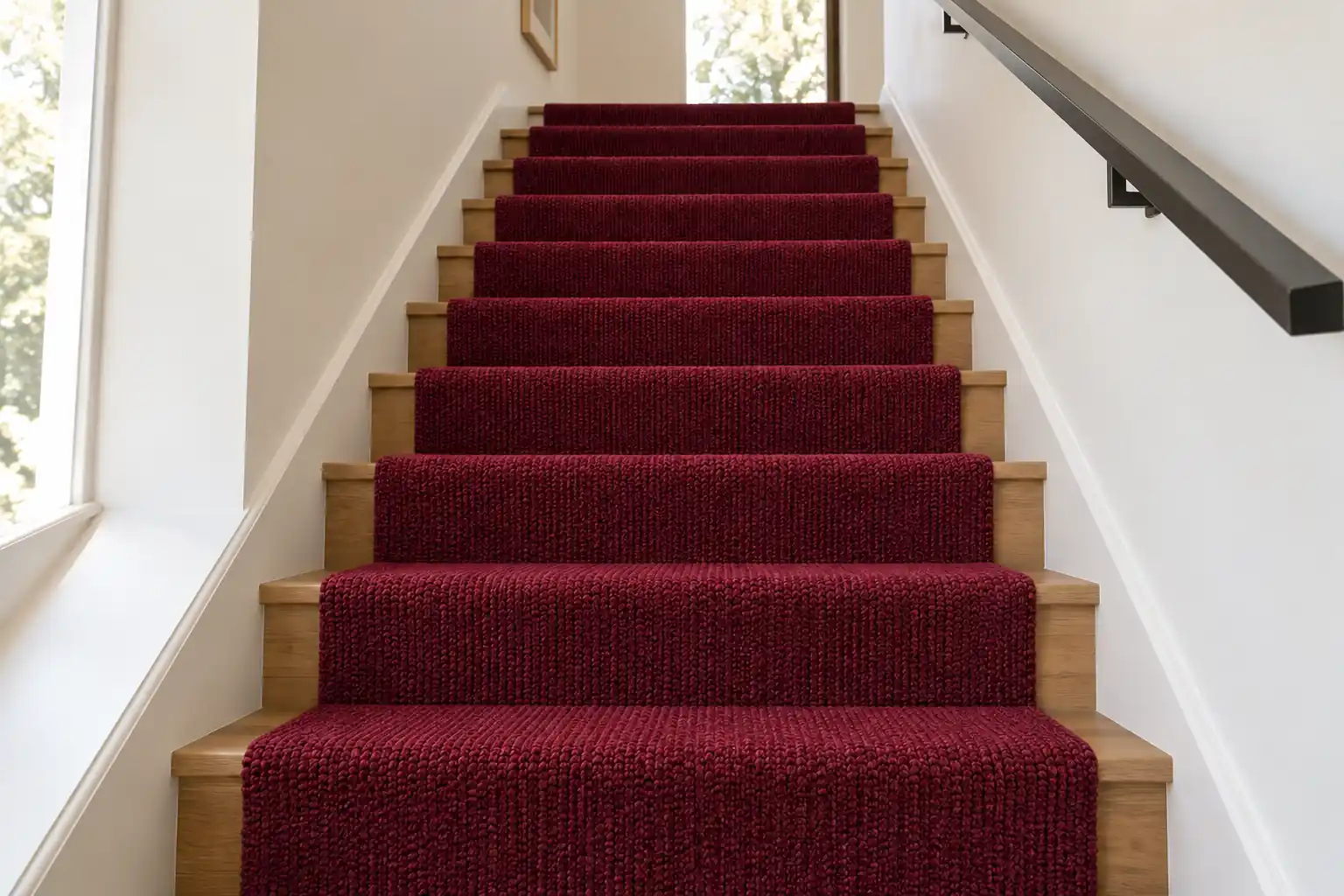 Burgundy carpet fitted on stairs