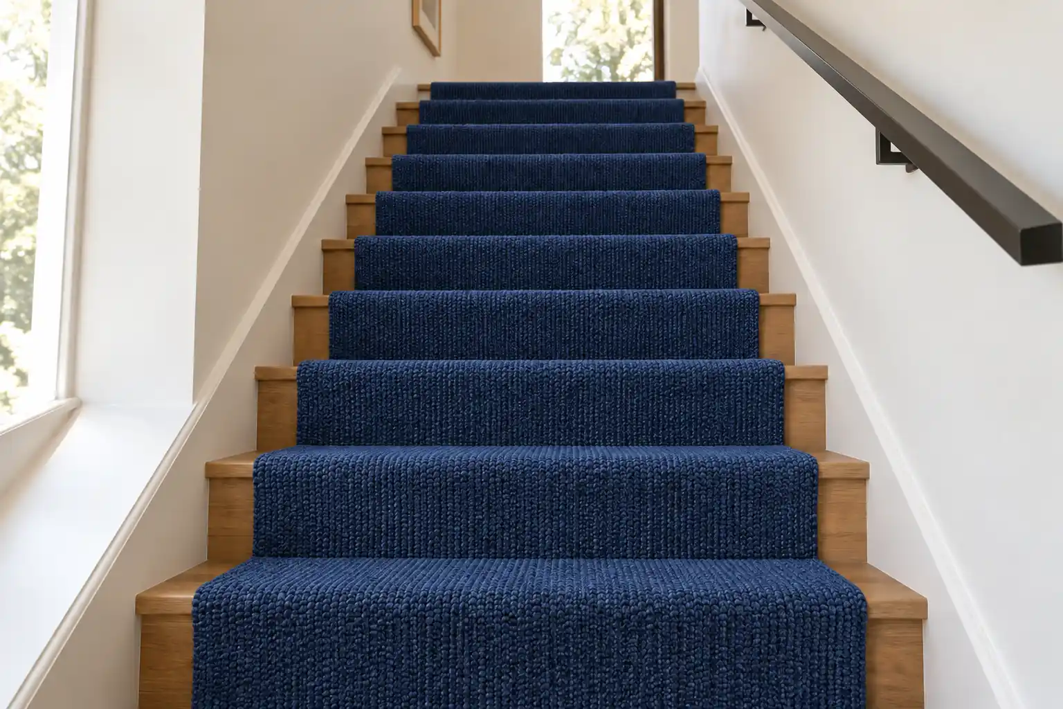 Navy carpet fitted on stairs
